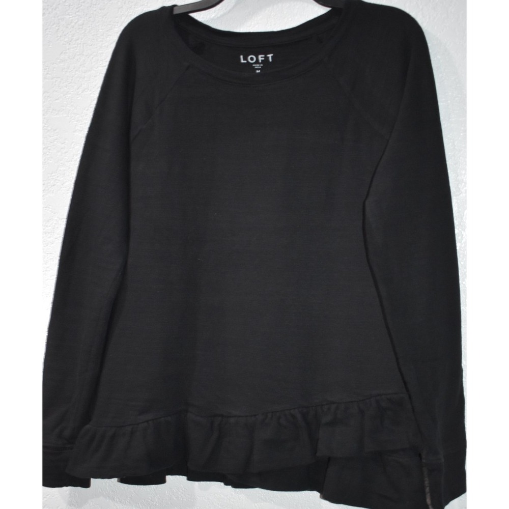 LOFT Ruffle Hem Sweatshirt MEDIUM Pullover Black‎ Long Sleeve Lightweight Cotton